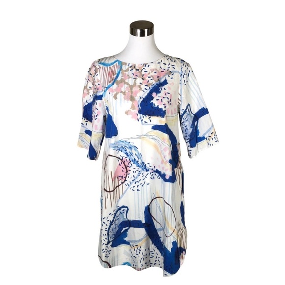 COS Poplin Knee Length 3/4 Sleeves Cotton A-Line Abstract Print Multi Dress 12 - Picture 8 of 10